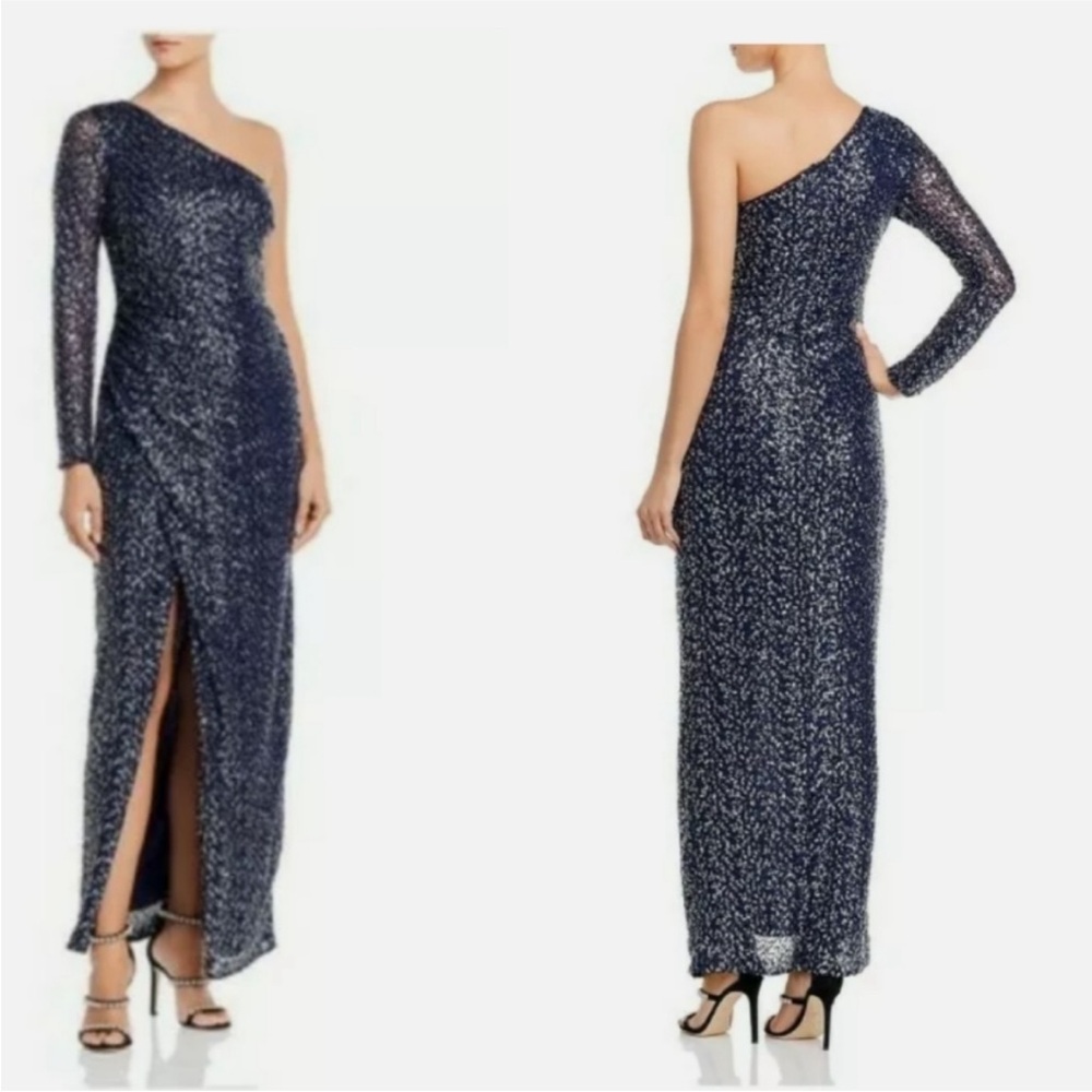 Aqua sequined one shoulder evening formal maxi dress NWT